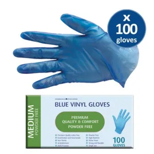 100 Pack Blue Vinyl Powder Free Disposable Gloves - Medium