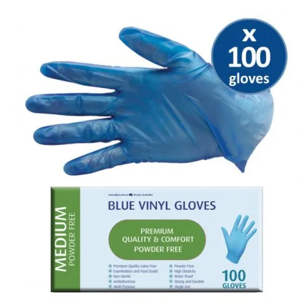 100 Pack Blue Vinyl Powder Free Disposable Gloves - Medium