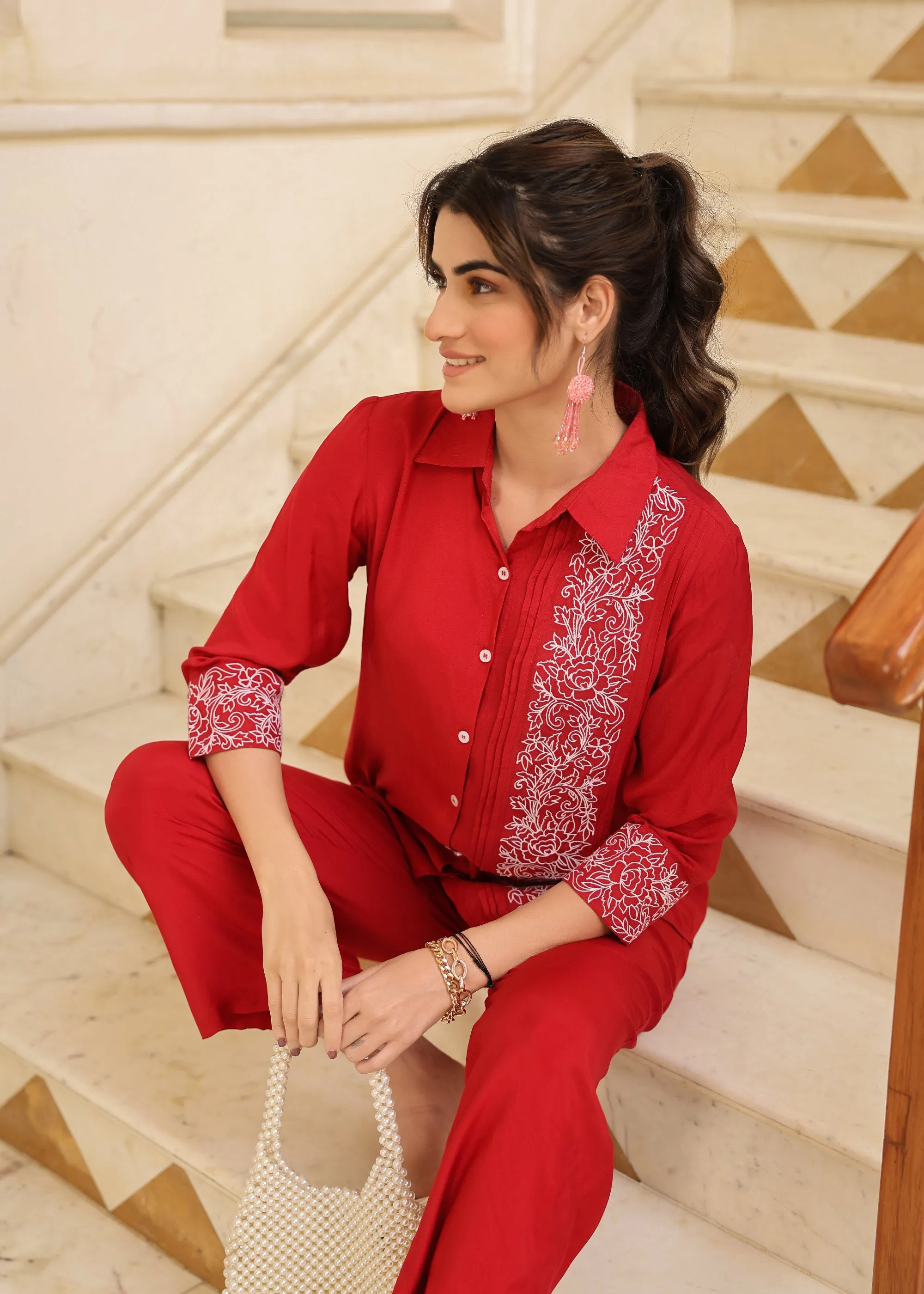 Amily Viscose Red Embroidered Coord Set