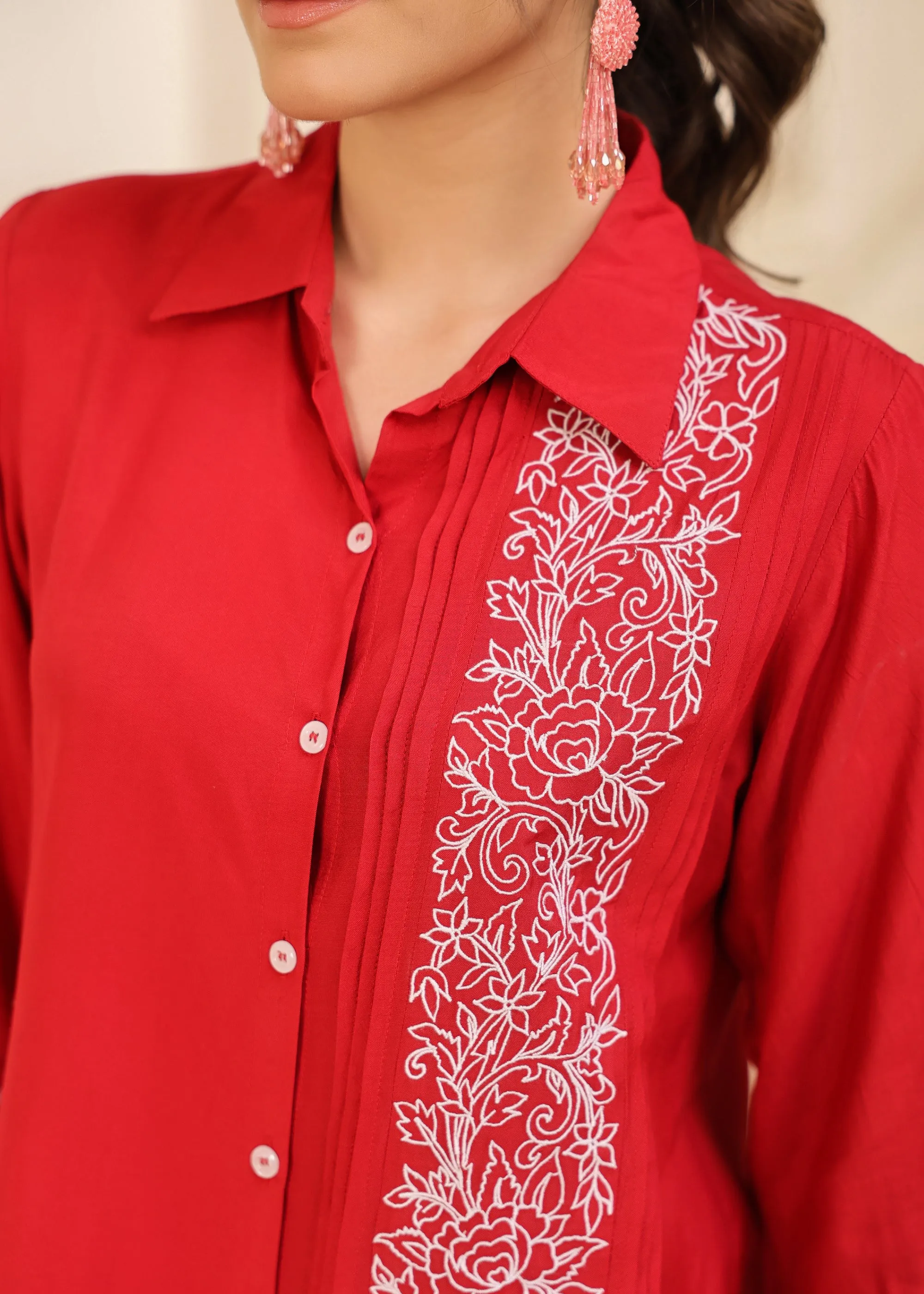 Amily Viscose Red Embroidered Coord Set