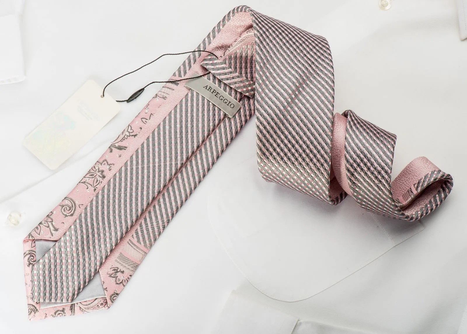 Arpeggio Rhinestone Silk Necktie Silver Floral Stripes On Pink With Silver Sparkles