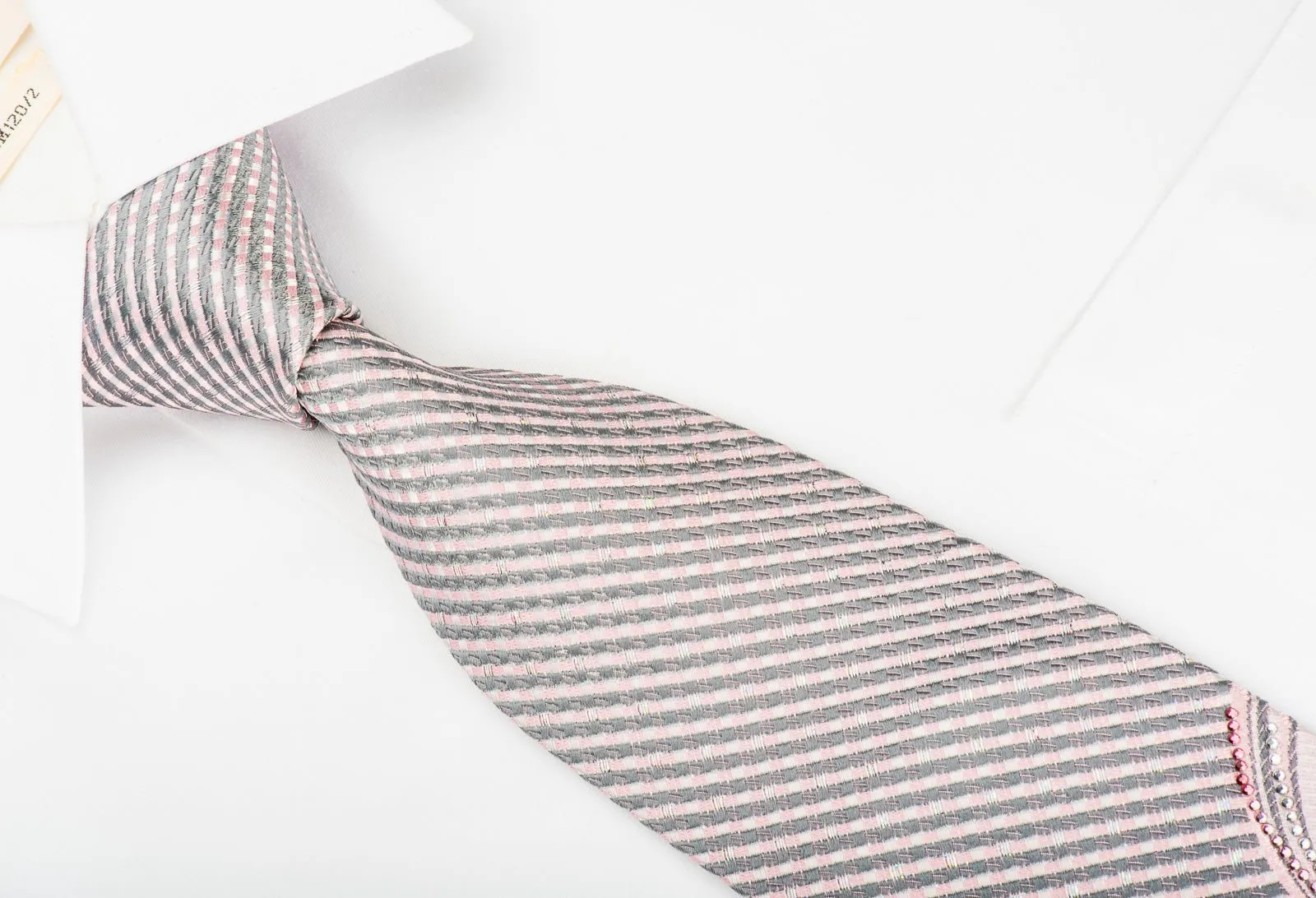 Arpeggio Rhinestone Silk Necktie Silver Floral Stripes On Pink With Silver Sparkles