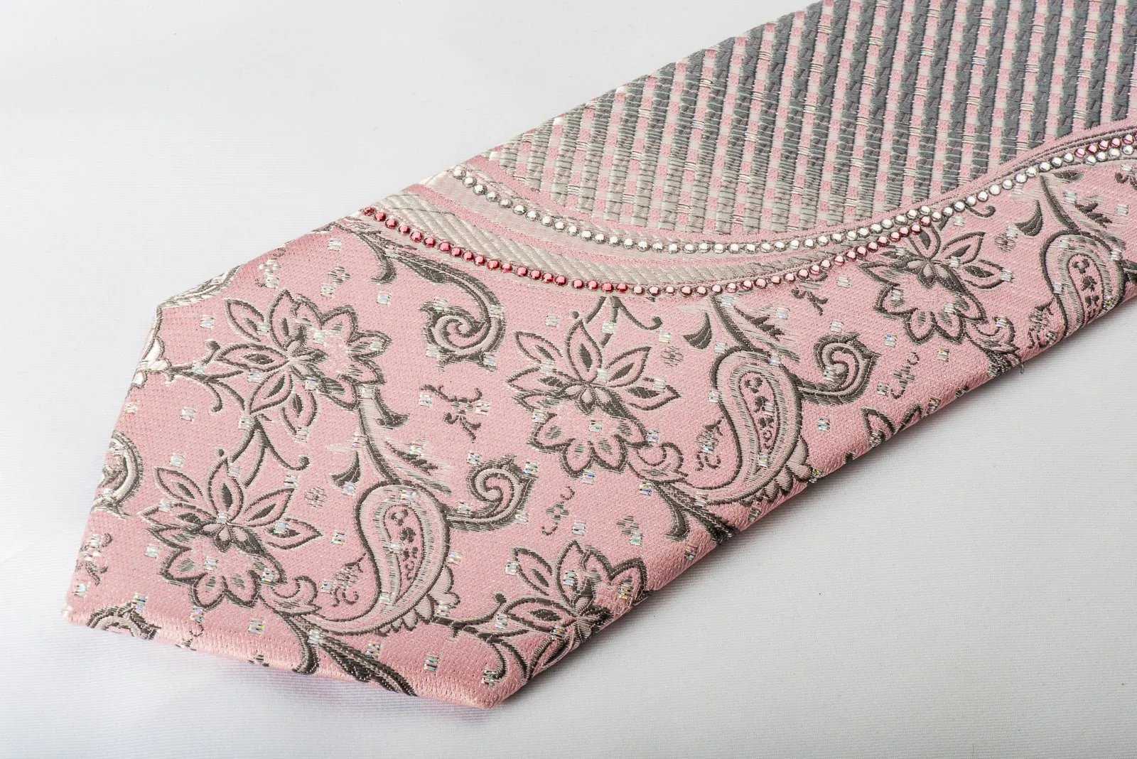 Arpeggio Rhinestone Silk Necktie Silver Floral Stripes On Pink With Silver Sparkles
