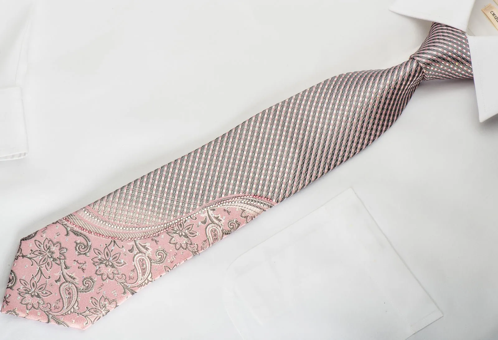 Arpeggio Rhinestone Silk Necktie Silver Floral Stripes On Pink With Silver Sparkles