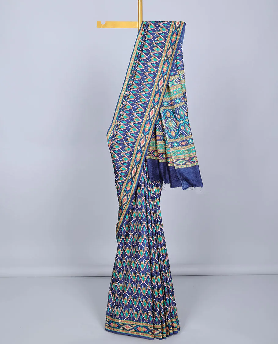 Blue geometric printed semi-banaras printed saree, self-border & pallu of geometric patterns