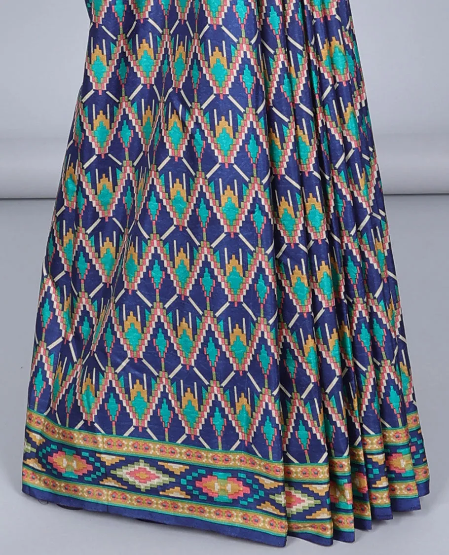 Blue geometric printed semi-banaras printed saree, self-border & pallu of geometric patterns