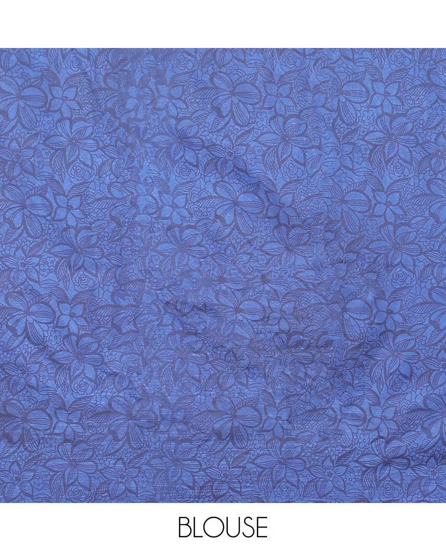 Blue geometric printed semi-banaras printed saree, self-border & pallu of geometric patterns