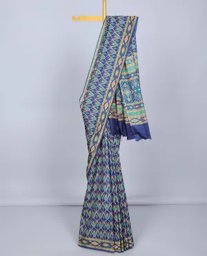 Blue geometric printed semi-banaras printed saree, self-border & pallu of geometric patterns