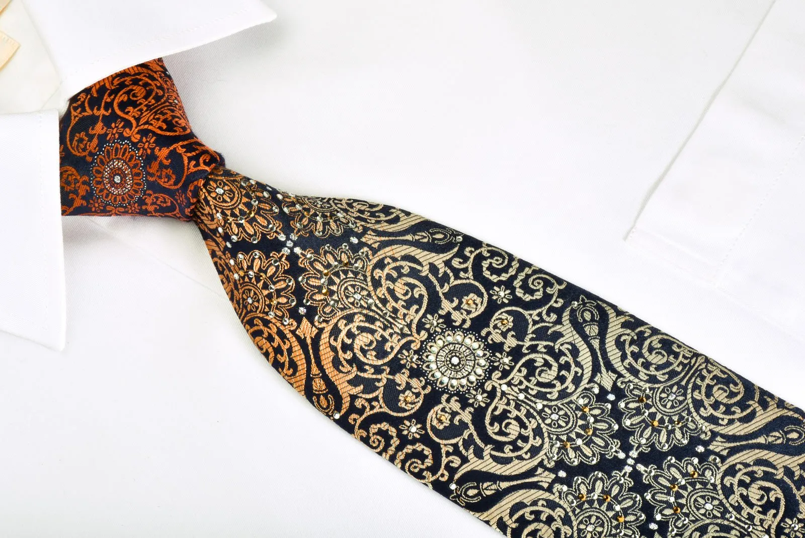 Christian Aujard Rhinestone Silk Necktie Orange Damask On Navy With Silver Sparkles