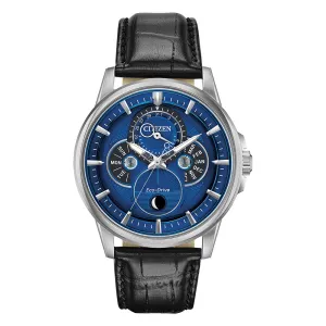 Citizen Calendrier Eco-Drive Mens Black Leather Band Blue Quartz Dial Watch - BU0050-02L