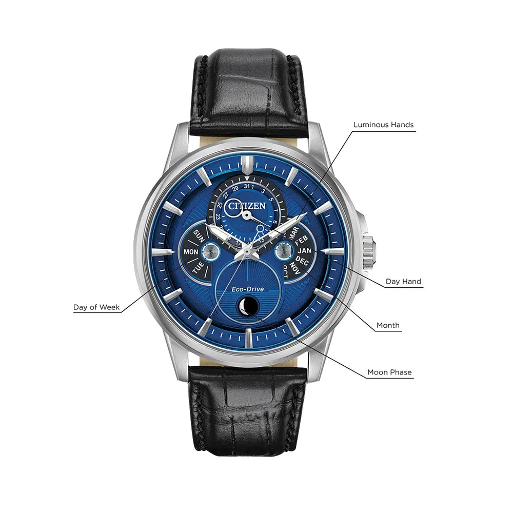 Citizen Calendrier Eco-Drive Mens Black Leather Band Blue Quartz Dial Watch - BU0050-02L