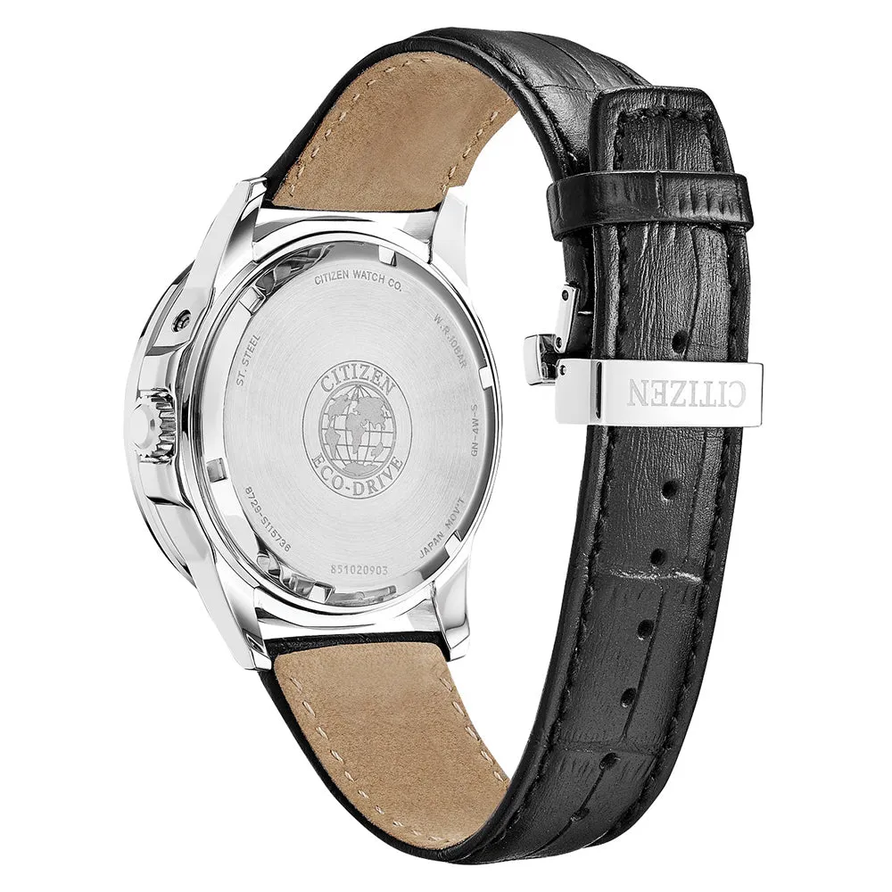 Citizen Calendrier Eco-Drive Mens Black Leather Band Blue Quartz Dial Watch - BU0050-02L