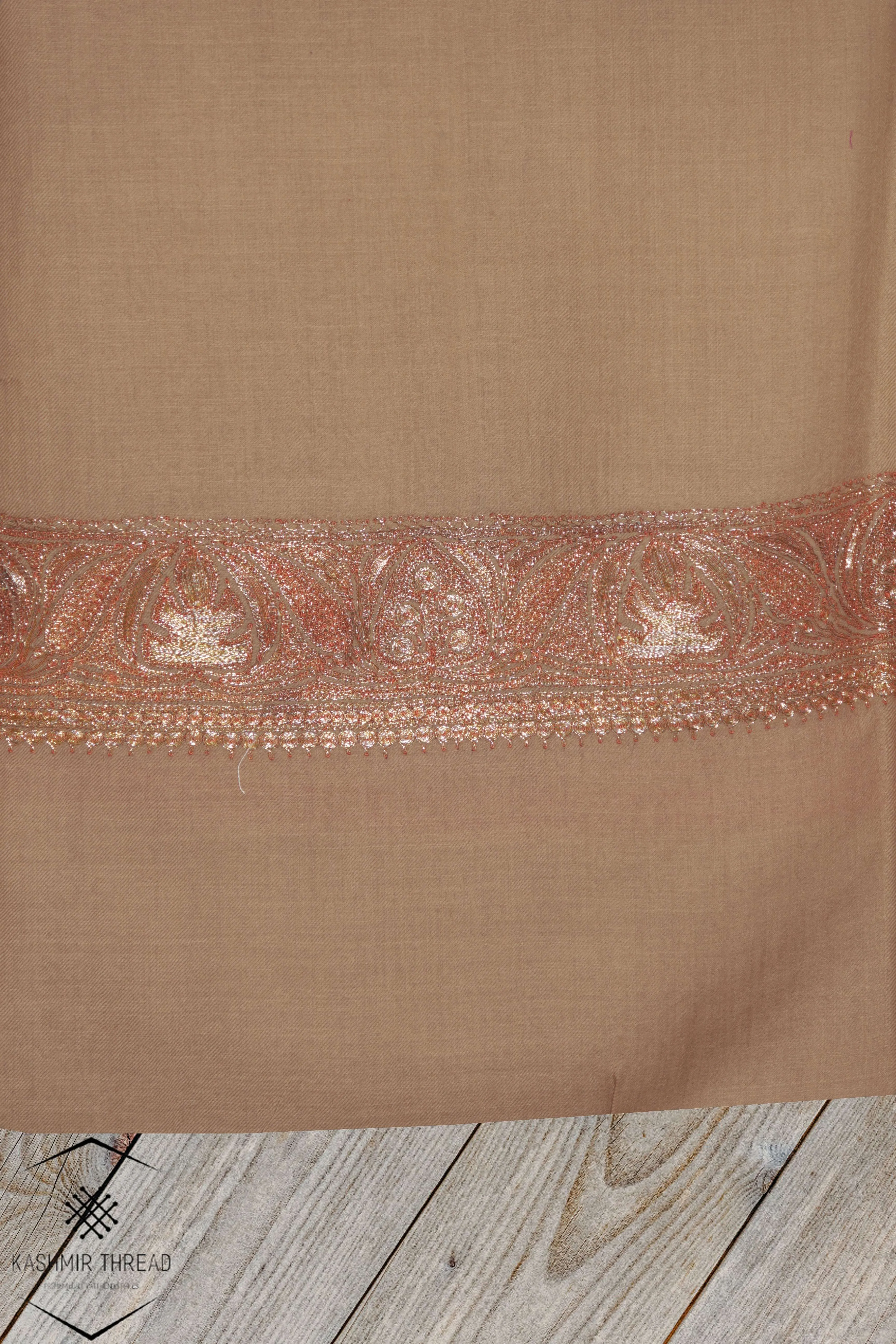 Elegant Beige Merino Wool Shawl with Tilla Embroidery