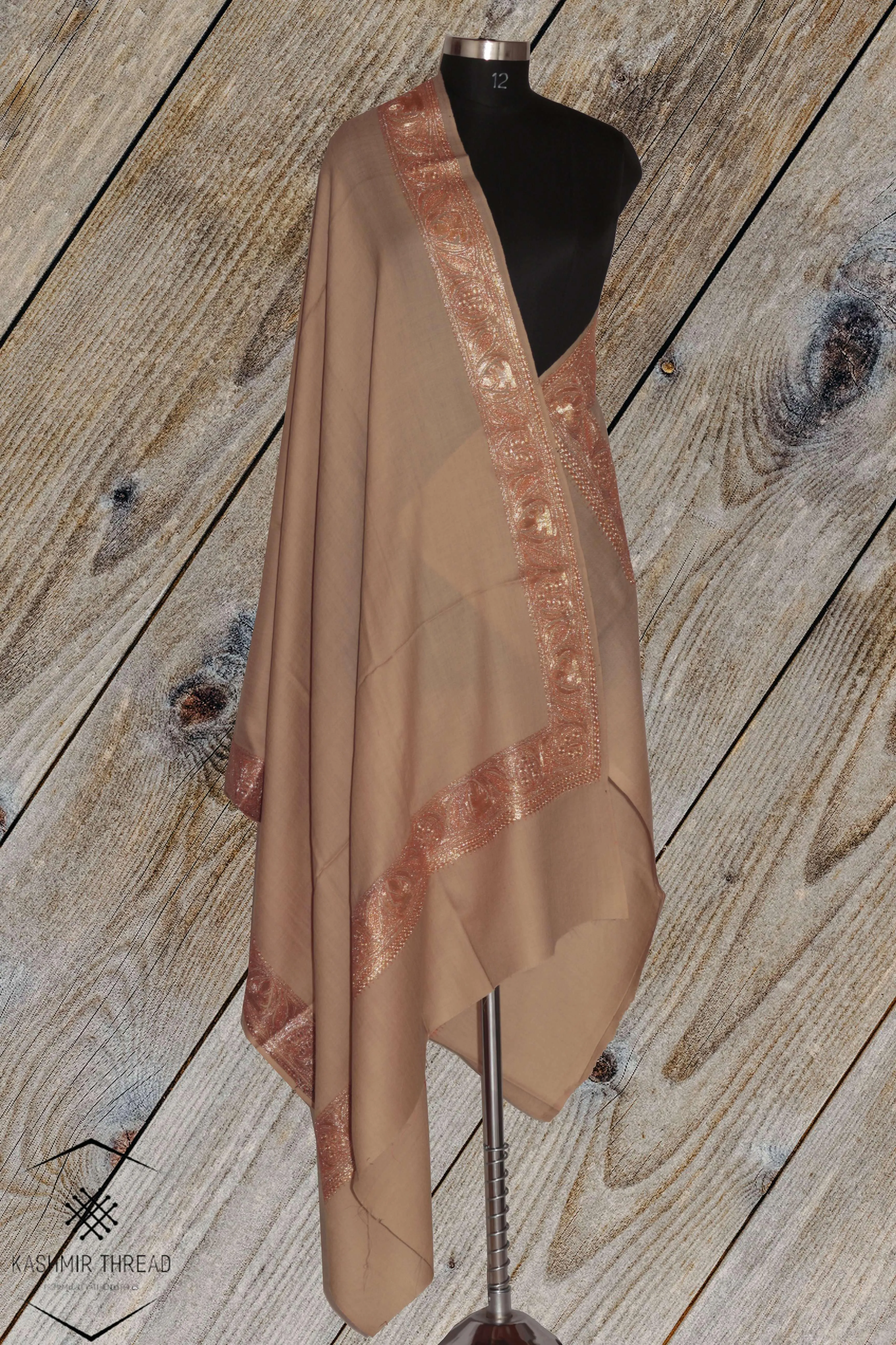 Elegant Beige Merino Wool Shawl with Tilla Embroidery