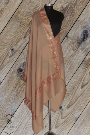 Elegant Beige Merino Wool Shawl with Tilla Embroidery