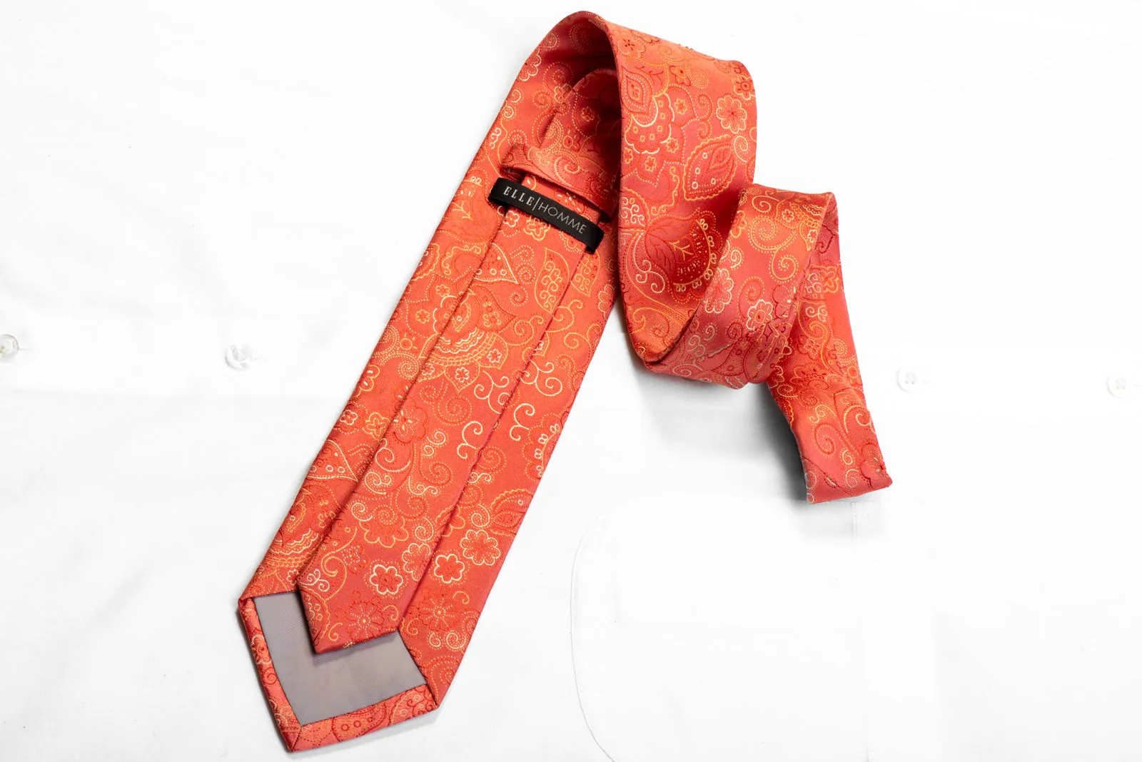 Elle Homme Silk Necktie Anthemion Floral On Peach Orange