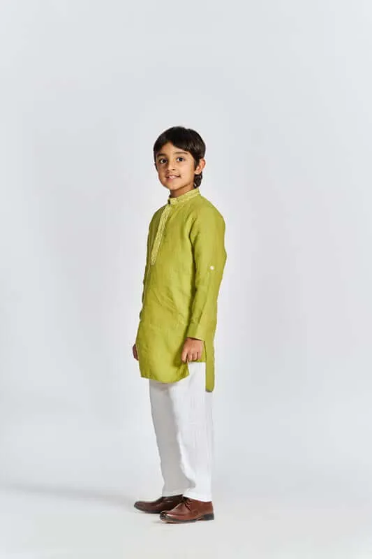 Kiwi Green Stand Collar Kurta Set
