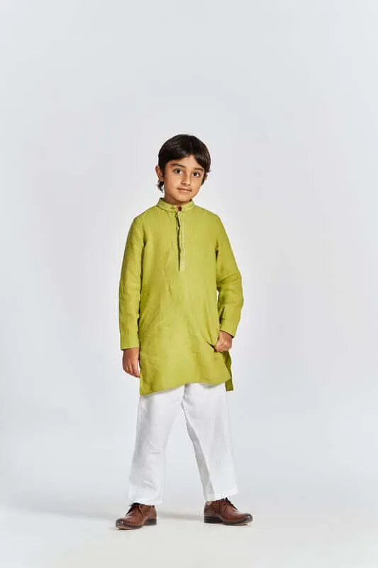 Kiwi Green Stand Collar Kurta Set