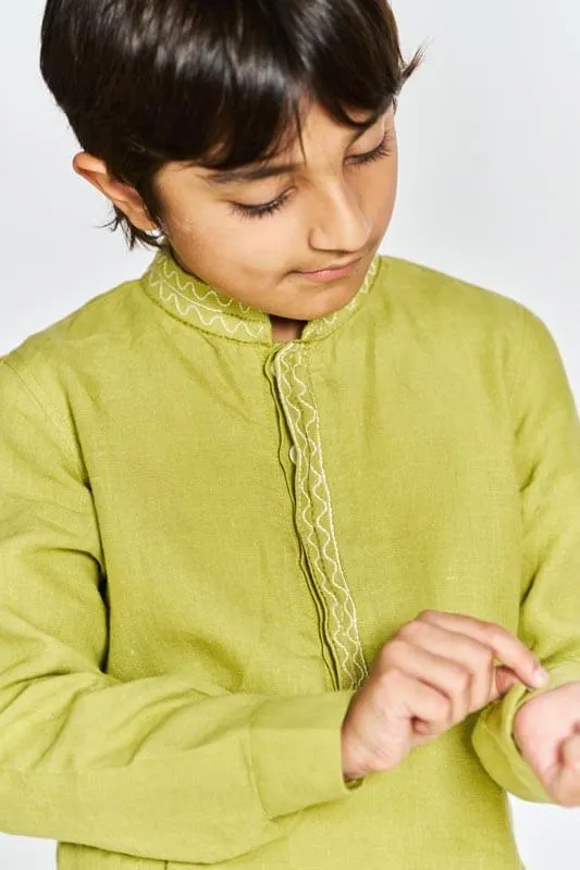 Kiwi Green Stand Collar Kurta Set