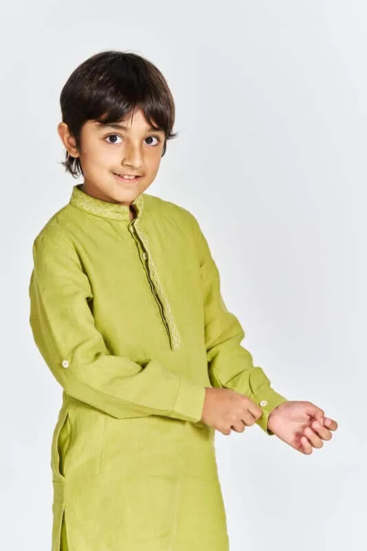 Kiwi Green Stand Collar Kurta Set