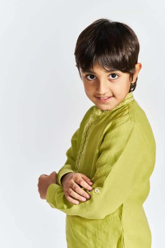 Kiwi Green Stand Collar Kurta Set
