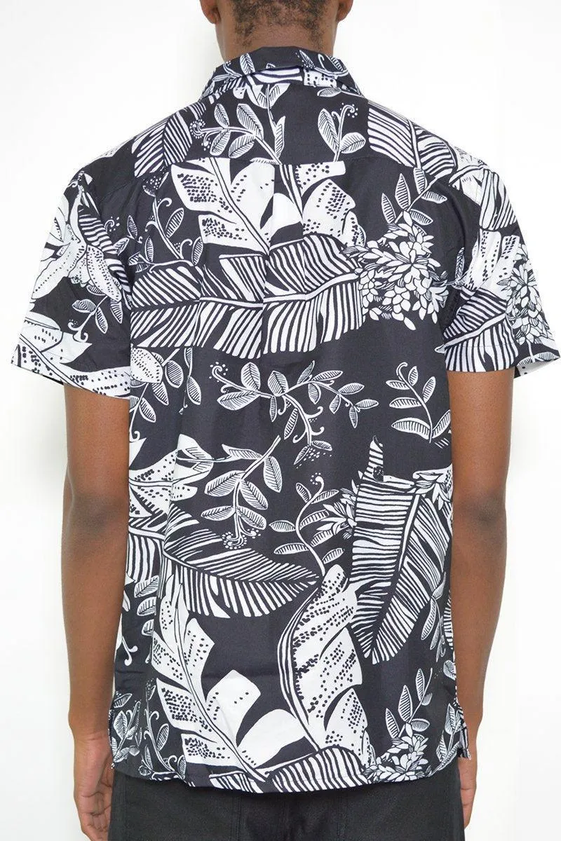Mens Black & White Jungle Print Button Down Shirt