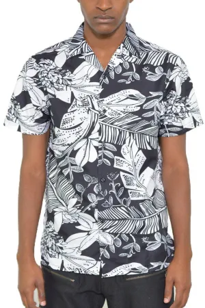 Mens Black & White Jungle Print Button Down Shirt