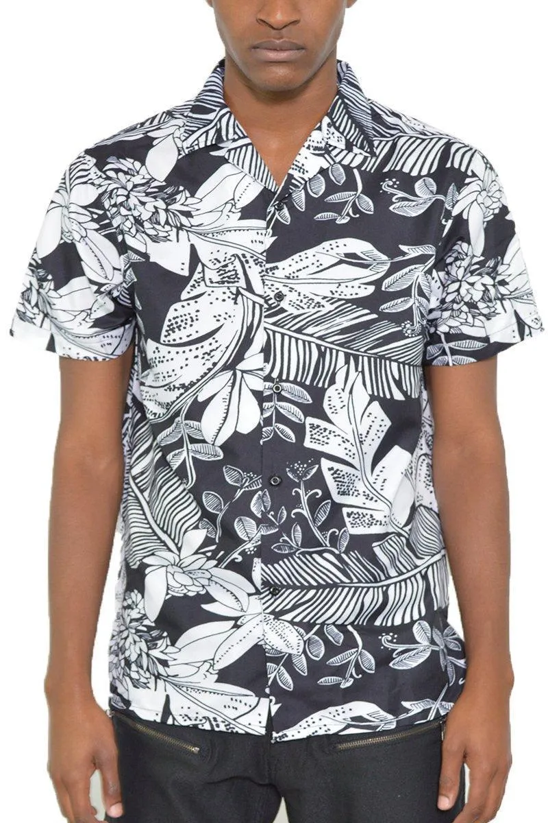 Mens Black & White Jungle Print Button Down Shirt