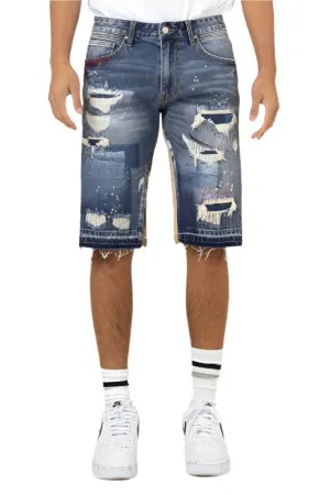 Mens Multi Camo Paneled Released Hem Denim Shorts