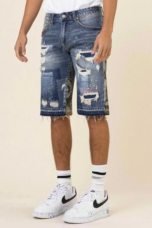 Mens Multi Camo Paneled Released Hem Denim Shorts