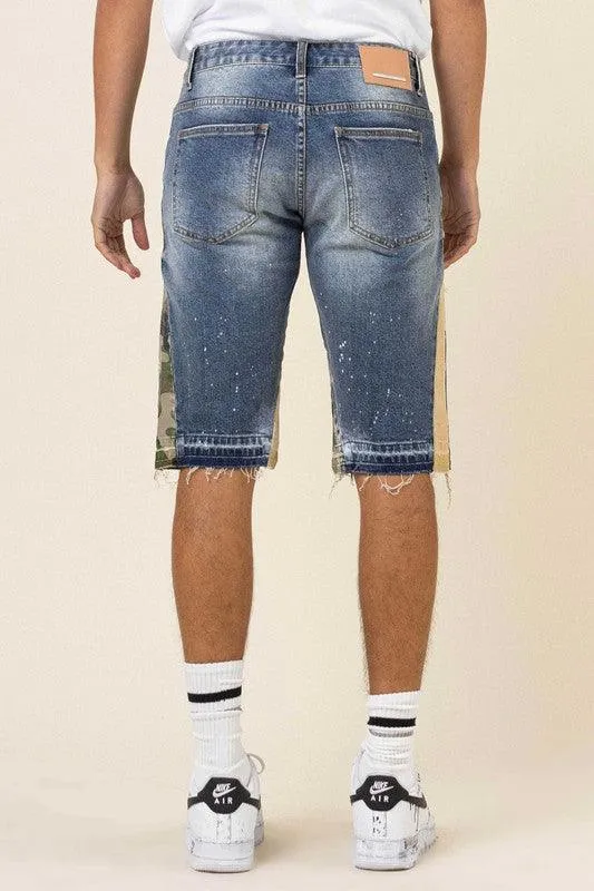 Mens Multi Camo Paneled Released Hem Denim Shorts