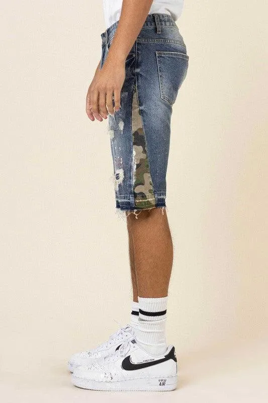 Mens Multi Camo Paneled Released Hem Denim Shorts