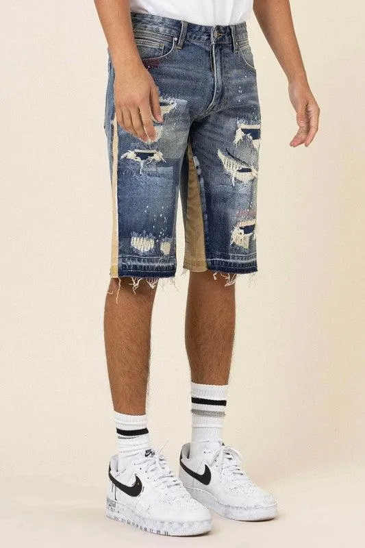 Mens Multi Camo Paneled Released Hem Denim Shorts