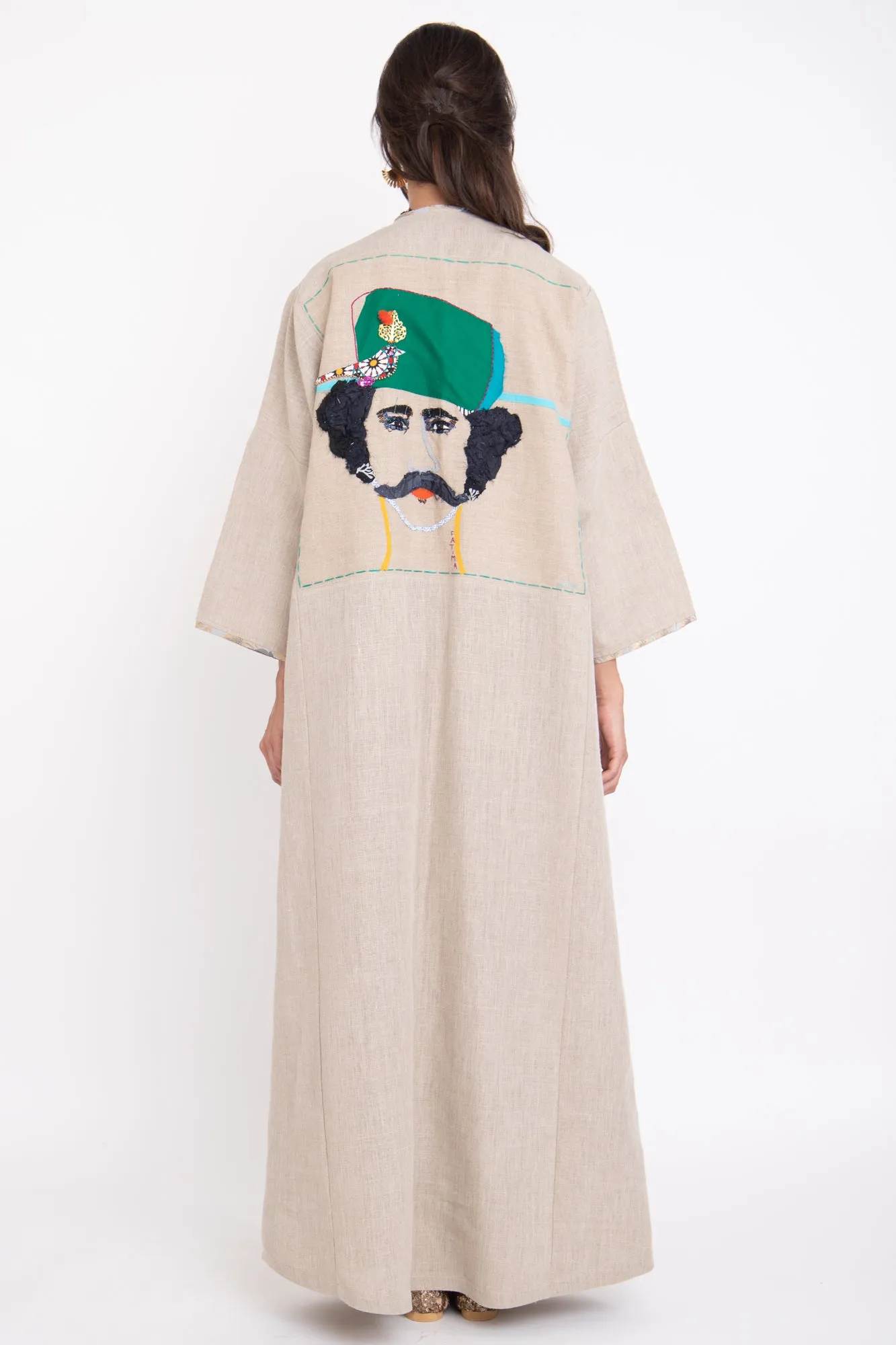 One-Of-A-Kind Fatima Linen Bacha Embroidered Abaya
