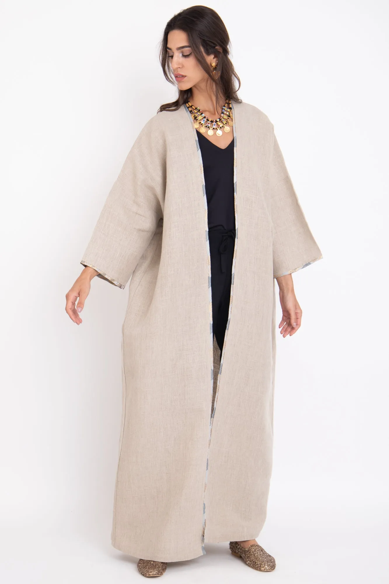 One-Of-A-Kind Fatima Linen Bacha Embroidered Abaya