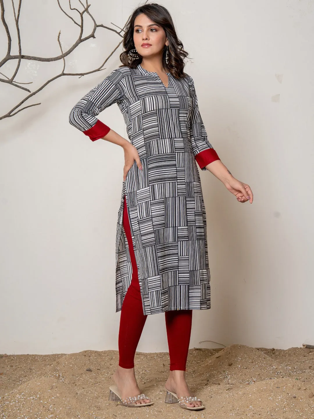 Pure Cotton Printed Collared Kurta - Black & White