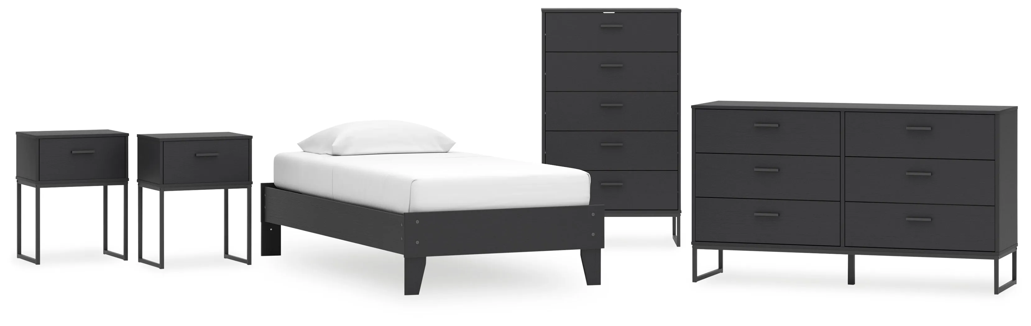 Socalle Twin Platform Bed with Dresser, Chest and 2 Nightstands in Black