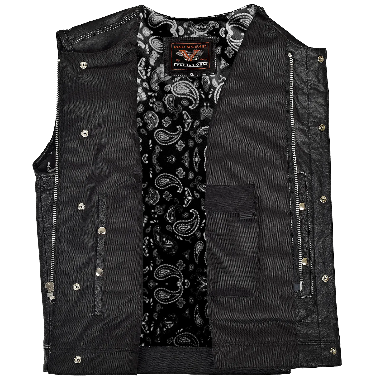 VL919BP Men's Leather Club Vest / Quick Access Gun Pocket w/Paisley Liner