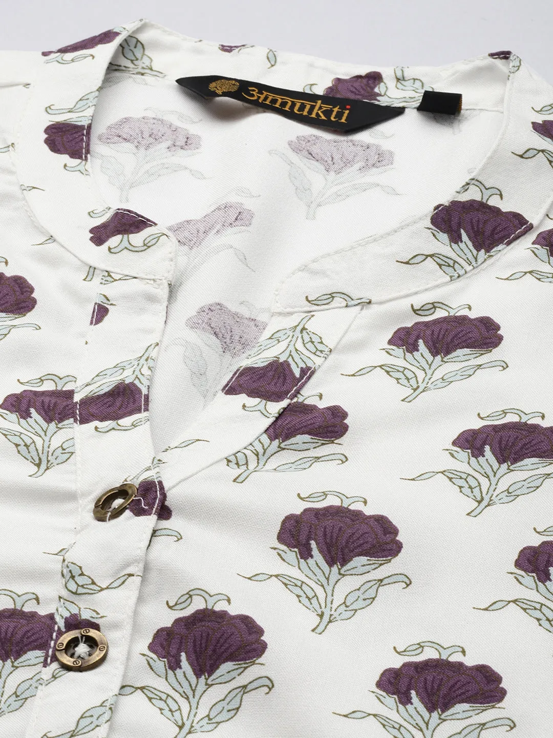 White Mandarin Collar Printed Tunic