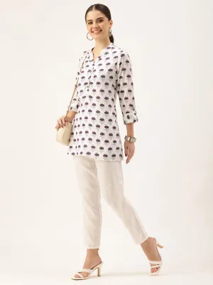 White Mandarin Collar Printed Tunic