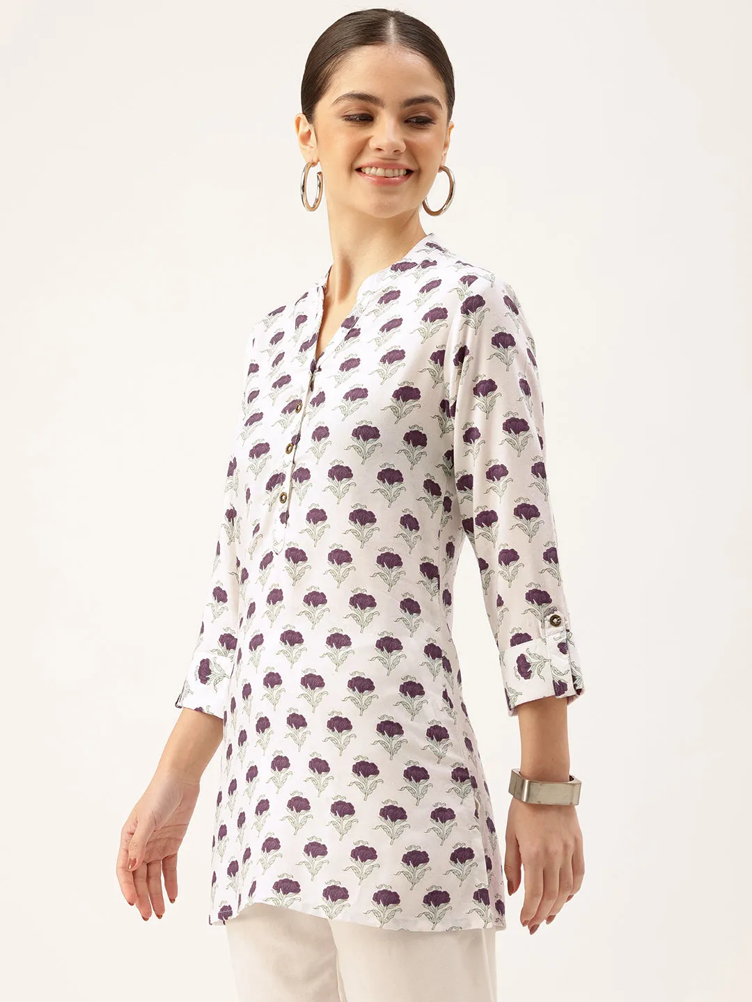 White Mandarin Collar Printed Tunic