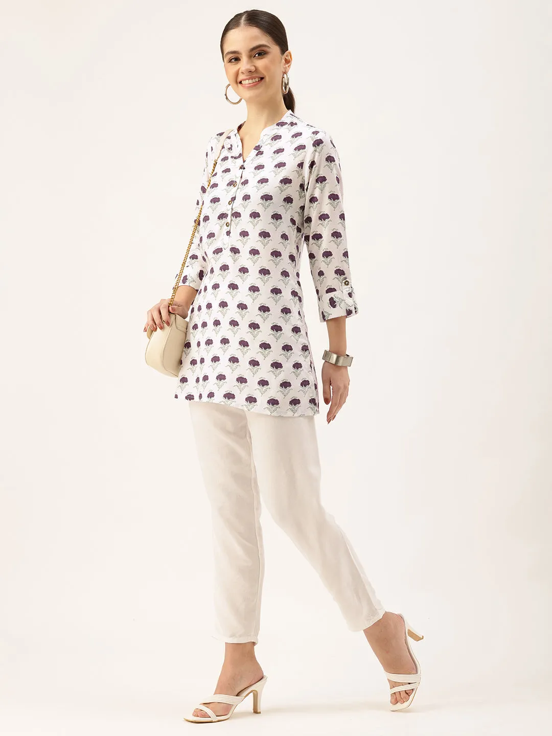 White Mandarin Collar Printed Tunic