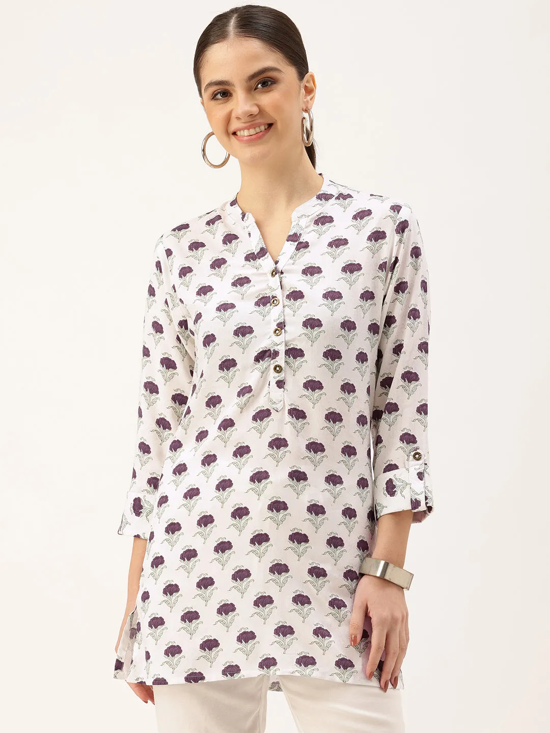 White Mandarin Collar Printed Tunic