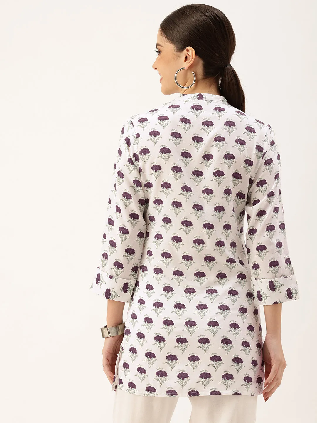White Mandarin Collar Printed Tunic