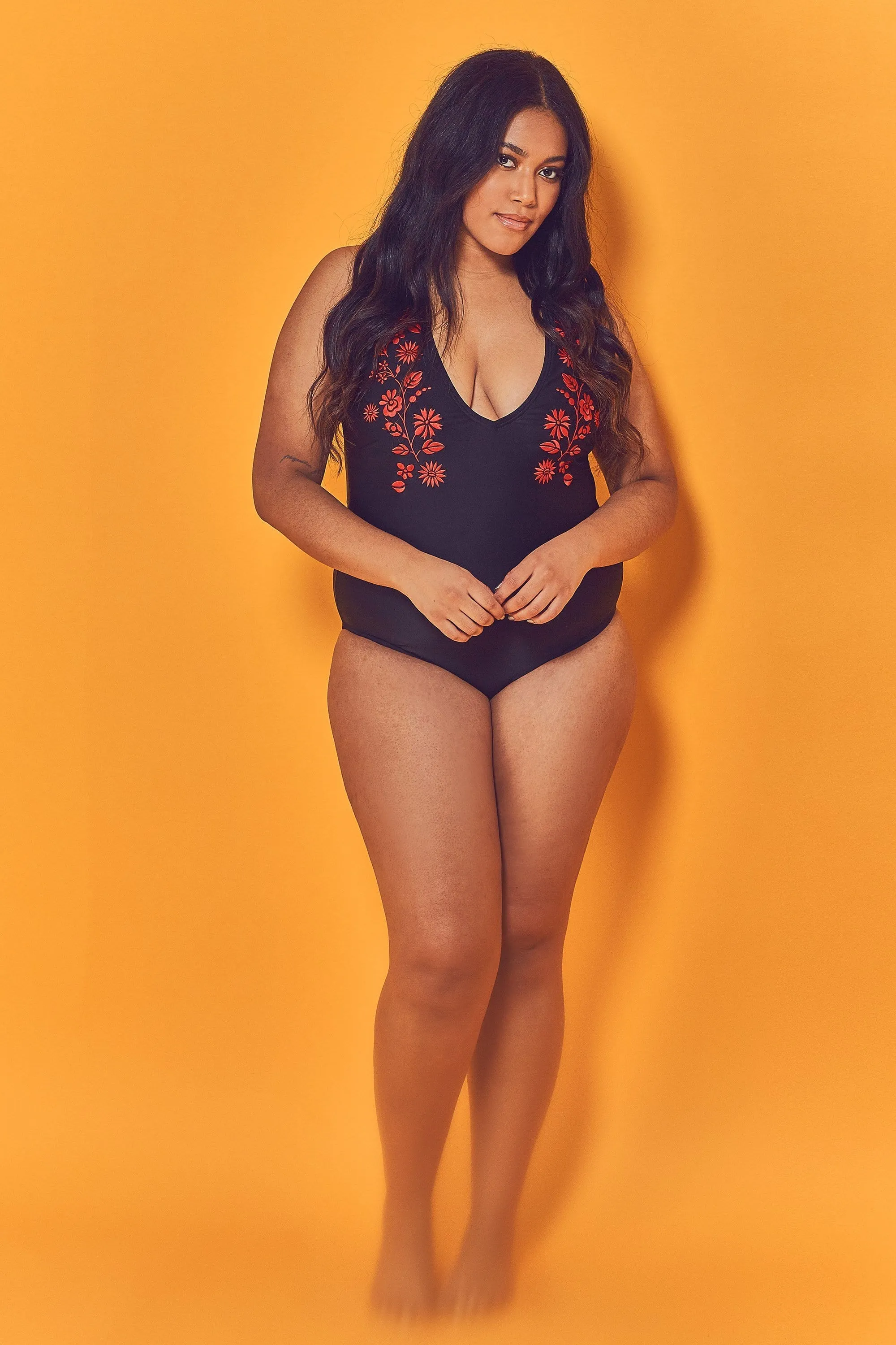 Wolf & Whistle Embroidered Plunge Swimsuit Curve