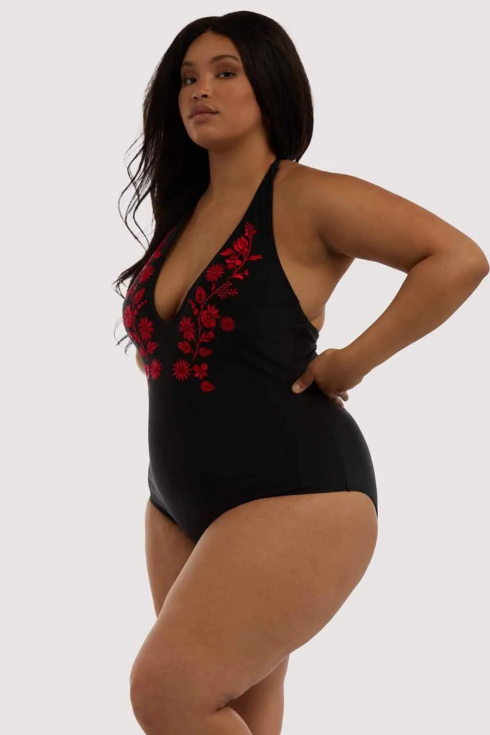 Wolf & Whistle Embroidered Plunge Swimsuit Curve